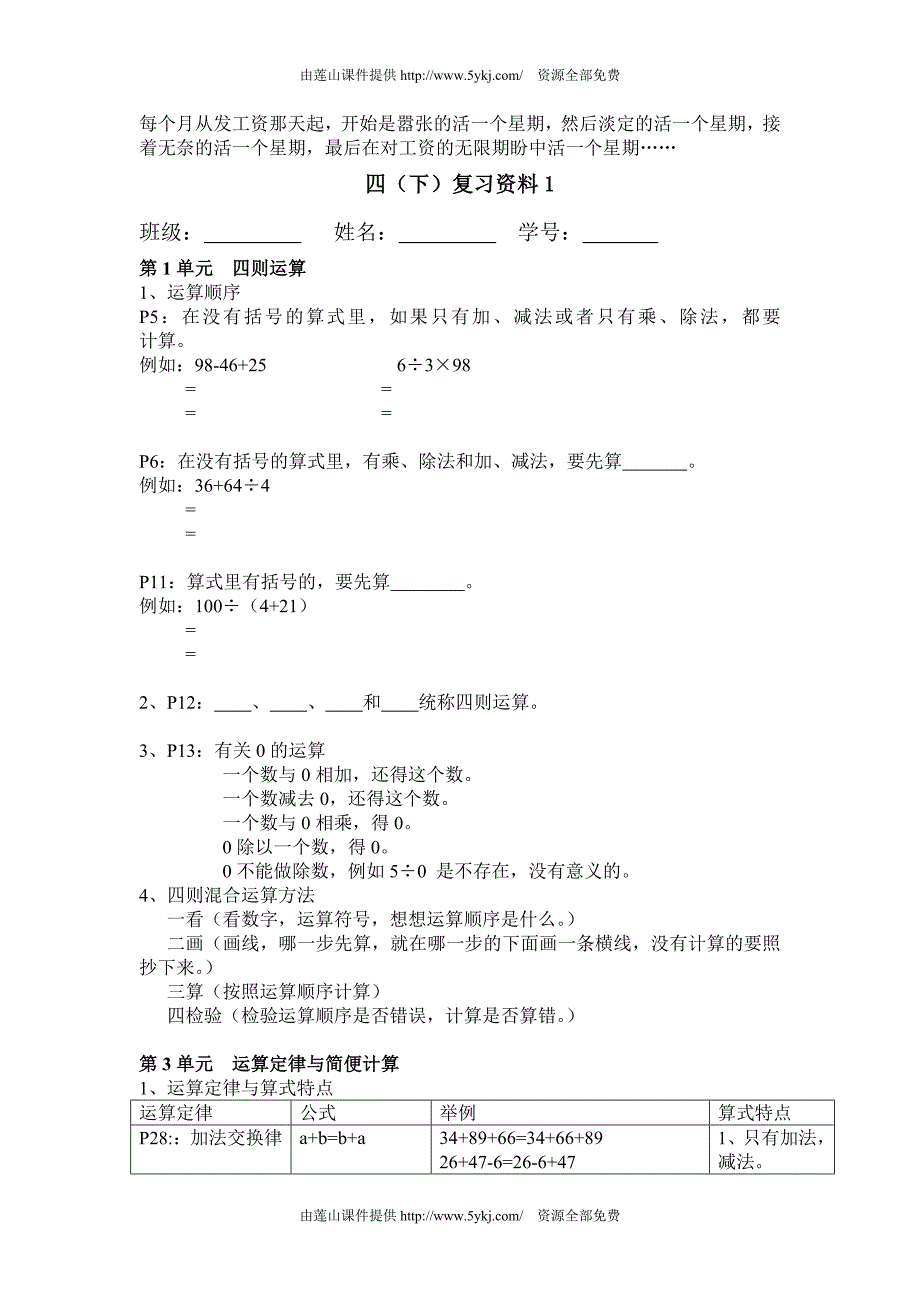 2015年新人教版四年级数学下册知识点归纳_第1页