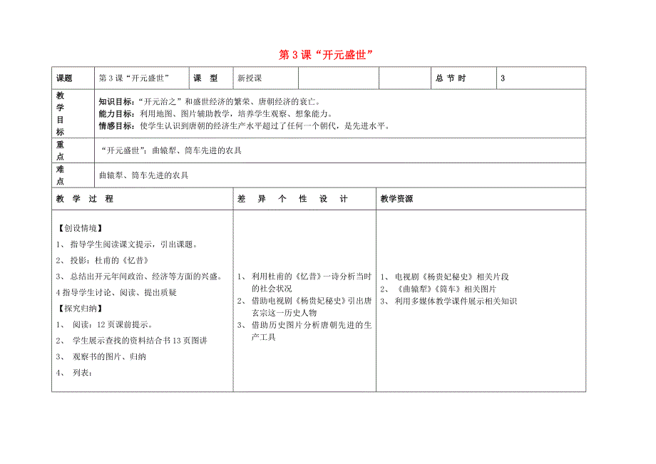 初中历史人教版七年级下册全册教案：第3课“开元盛世”_第1页