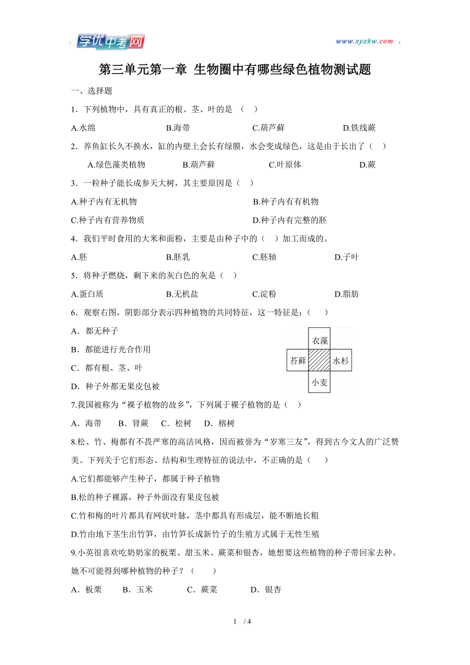 江苏地区 人教版生物七年级上单元测试：第三单元第一章《生物圈中有哪些绿色植物》测试题_第1页
