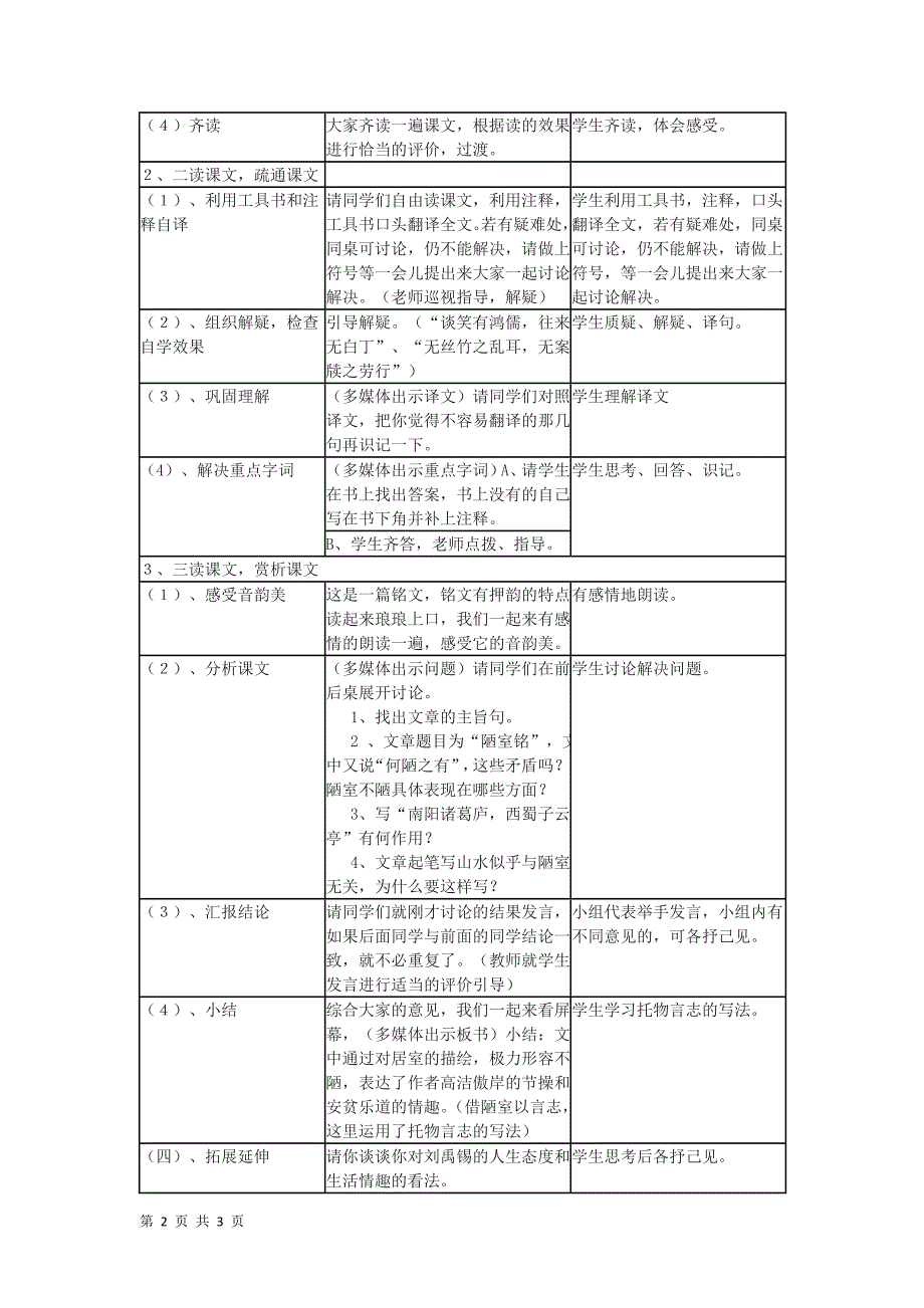 5.2 短文两篇 陋室铭 教学设计1（新人教版八年级上）_第2页