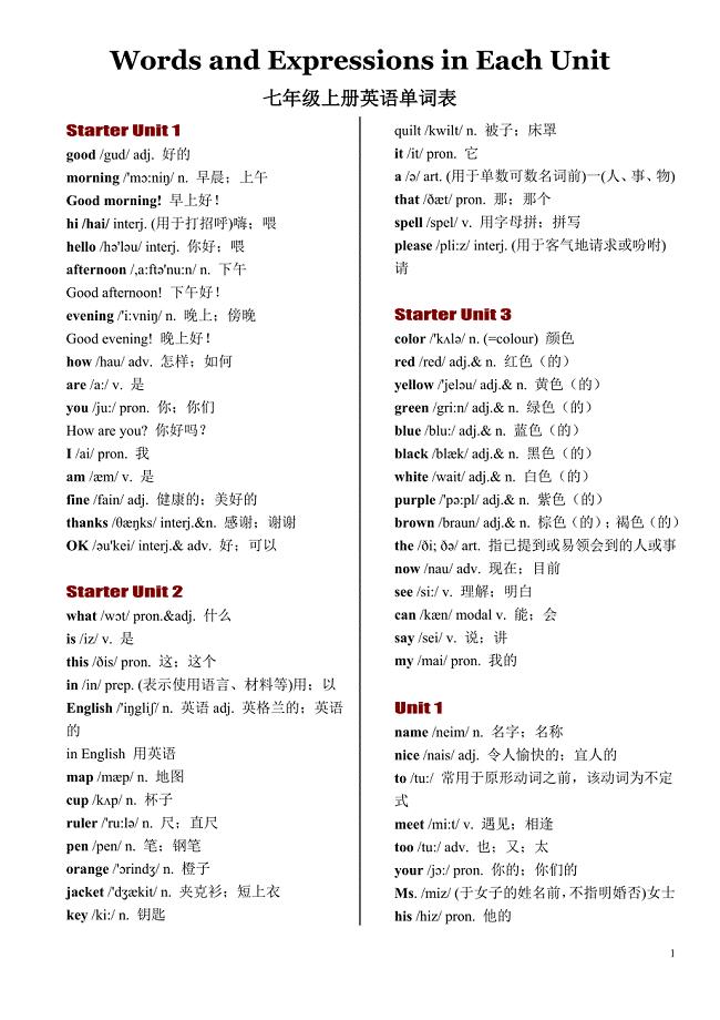 人教版七年级英语上册各单元单词表