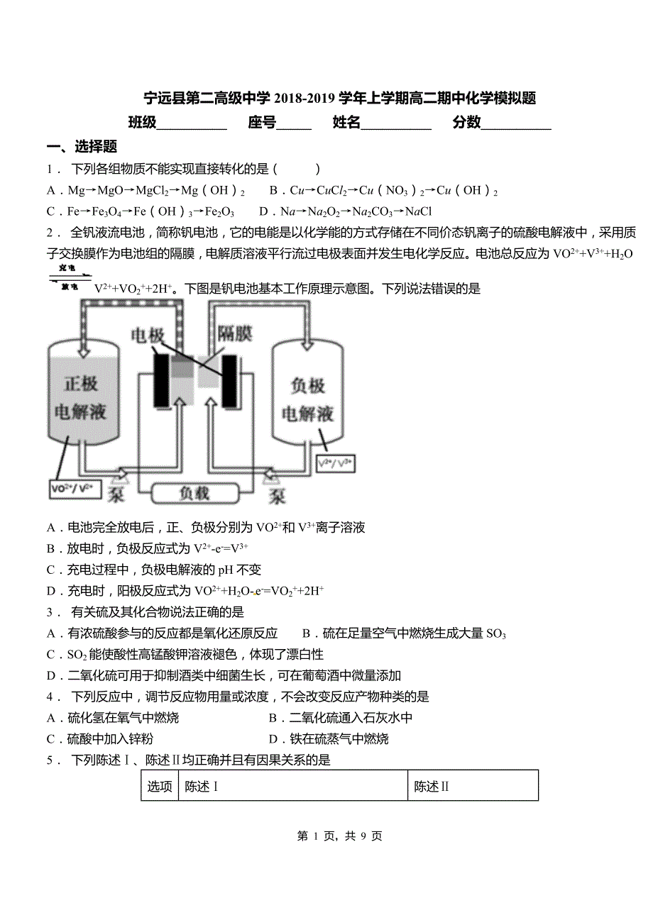 宁远县第二高级中学2018-2019学年上学期高二期中化学模拟题_第1页