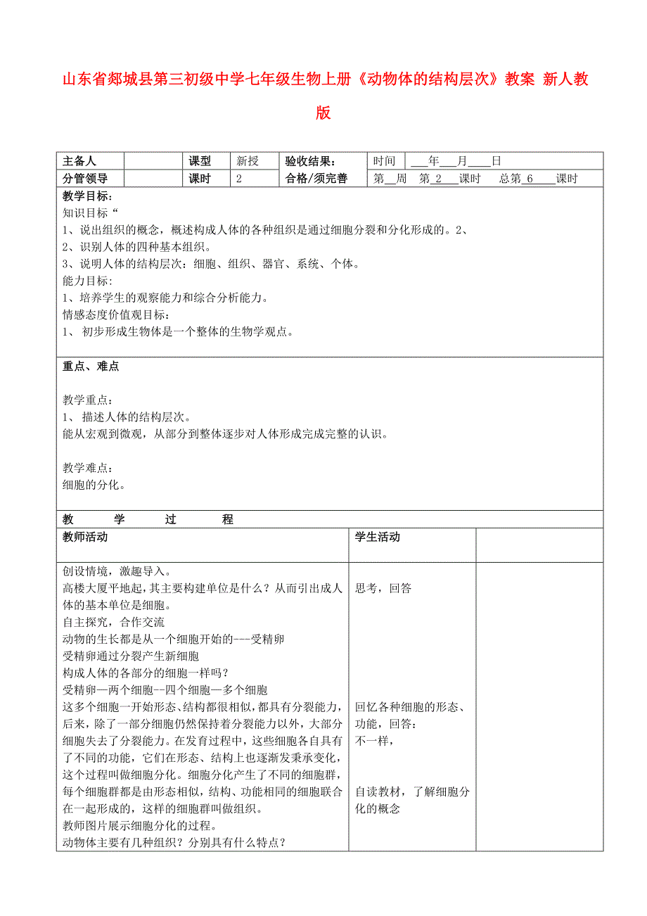 山东省郯城县第三初级中学七年级生物上册《动物体的结构层次》教案 新人教版.doc_第1页