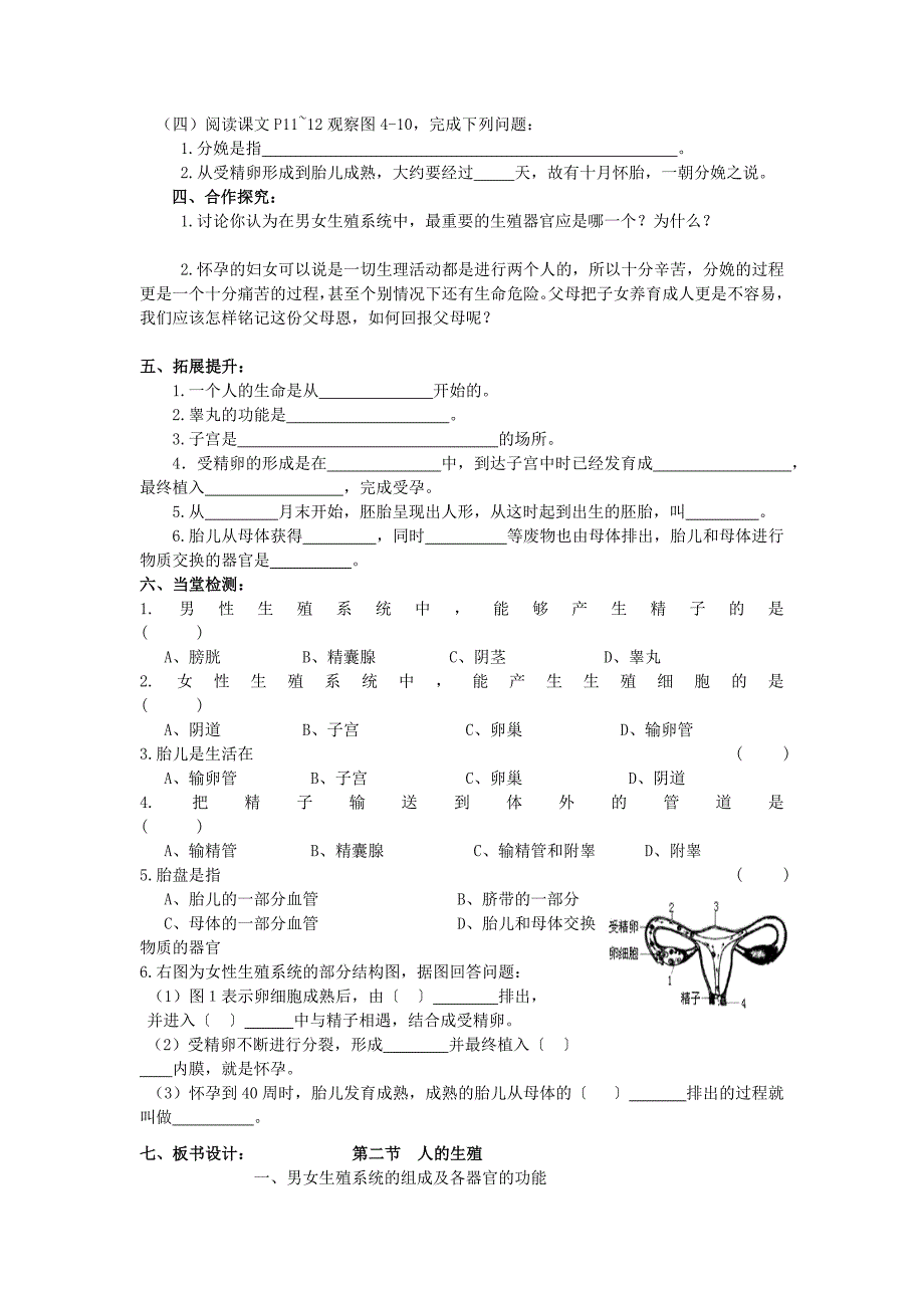 四川宜宾县双龙镇初级中学校七年级生物上册高效课堂模式导学案：4-1-2+人的生殖.doc_第2页