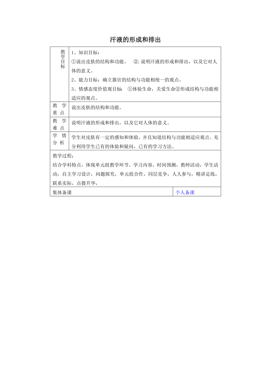 山东省淄博市临淄区第八中学七年级生物下册 第五章《人体内废物的排出》汗液的形成和排出教案 新人教版.doc_第1页