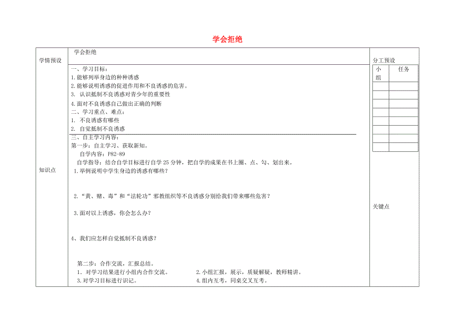 陕西省定边县第三中学七年级政治上册 第八课 学会拒绝学案（无答案） 新人教版.doc_第1页