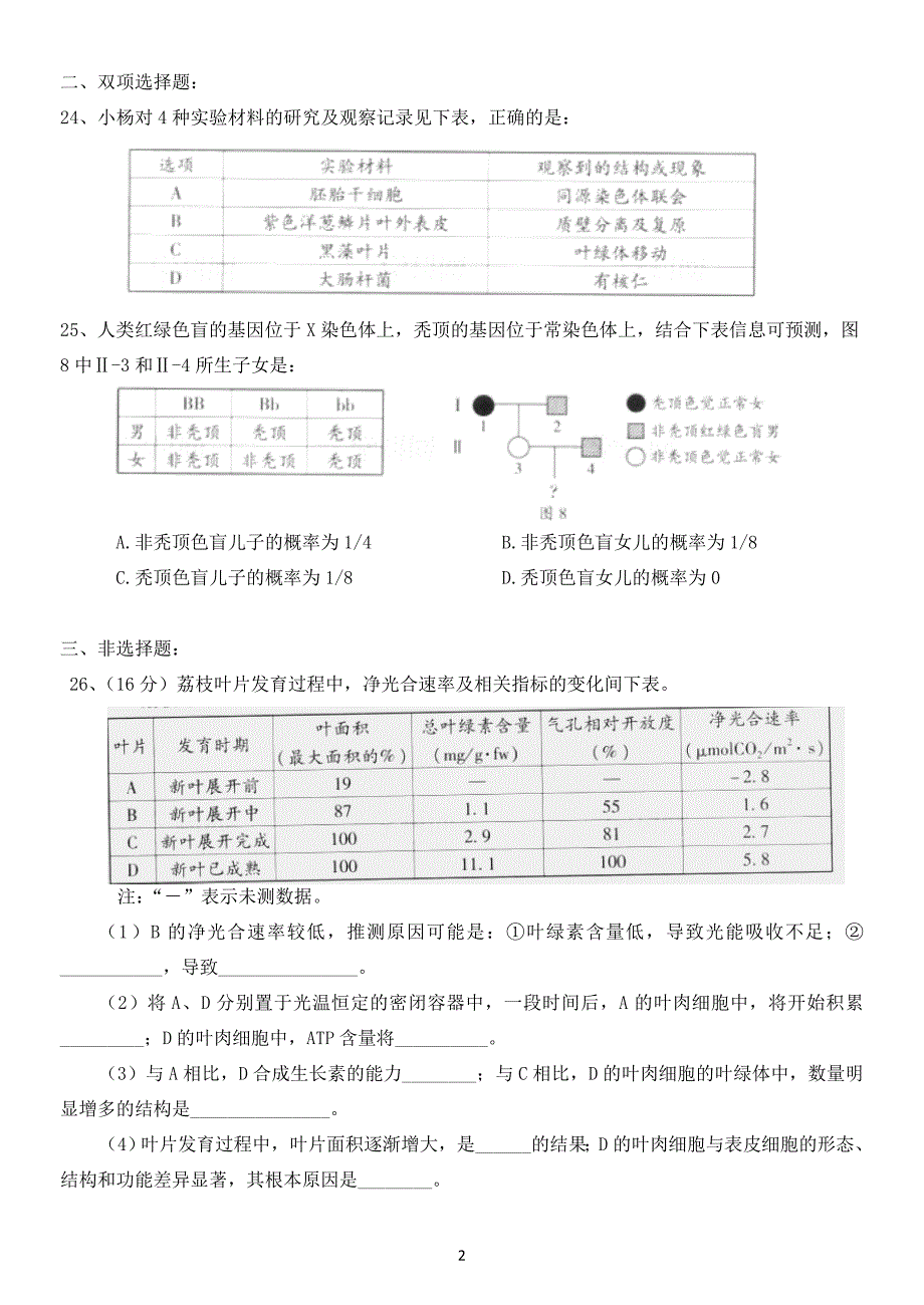 2012年普通高考理科综合-生物部分(广东卷)a卷_第2页