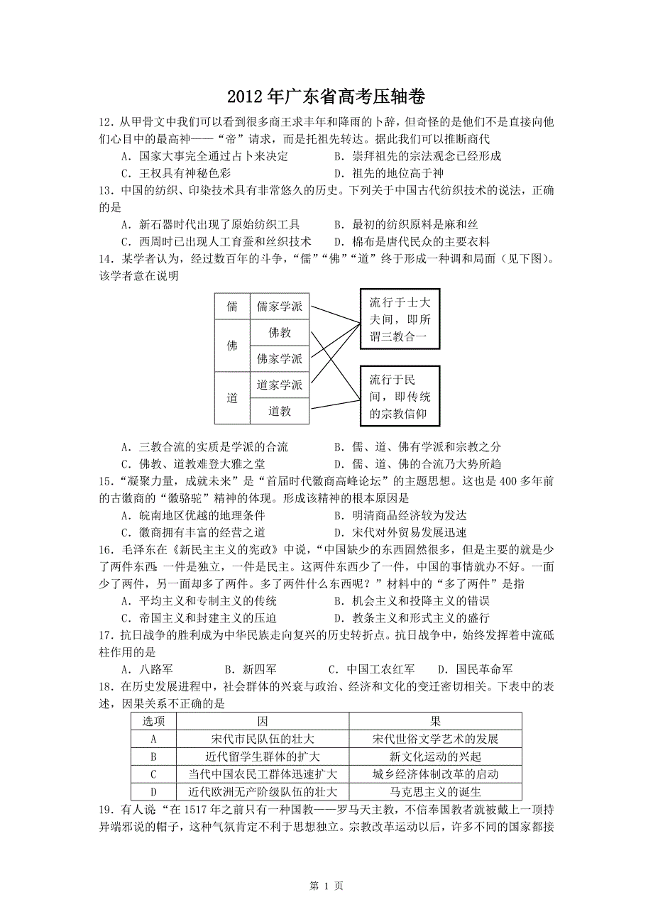 2012年广东省高考压轴卷(历史)_第1页