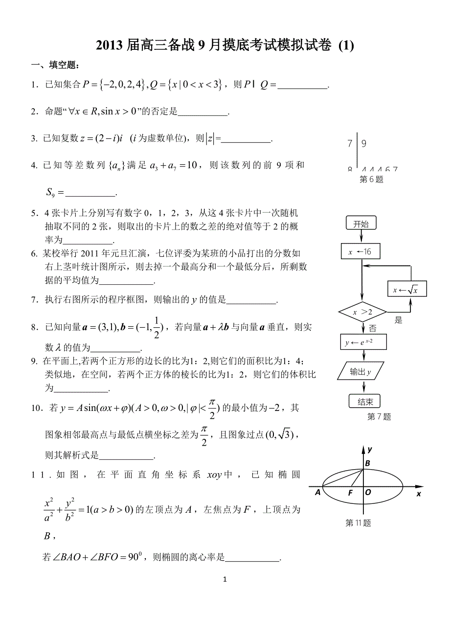 2013届高三数学暑假作业（9份，江苏）_第1页