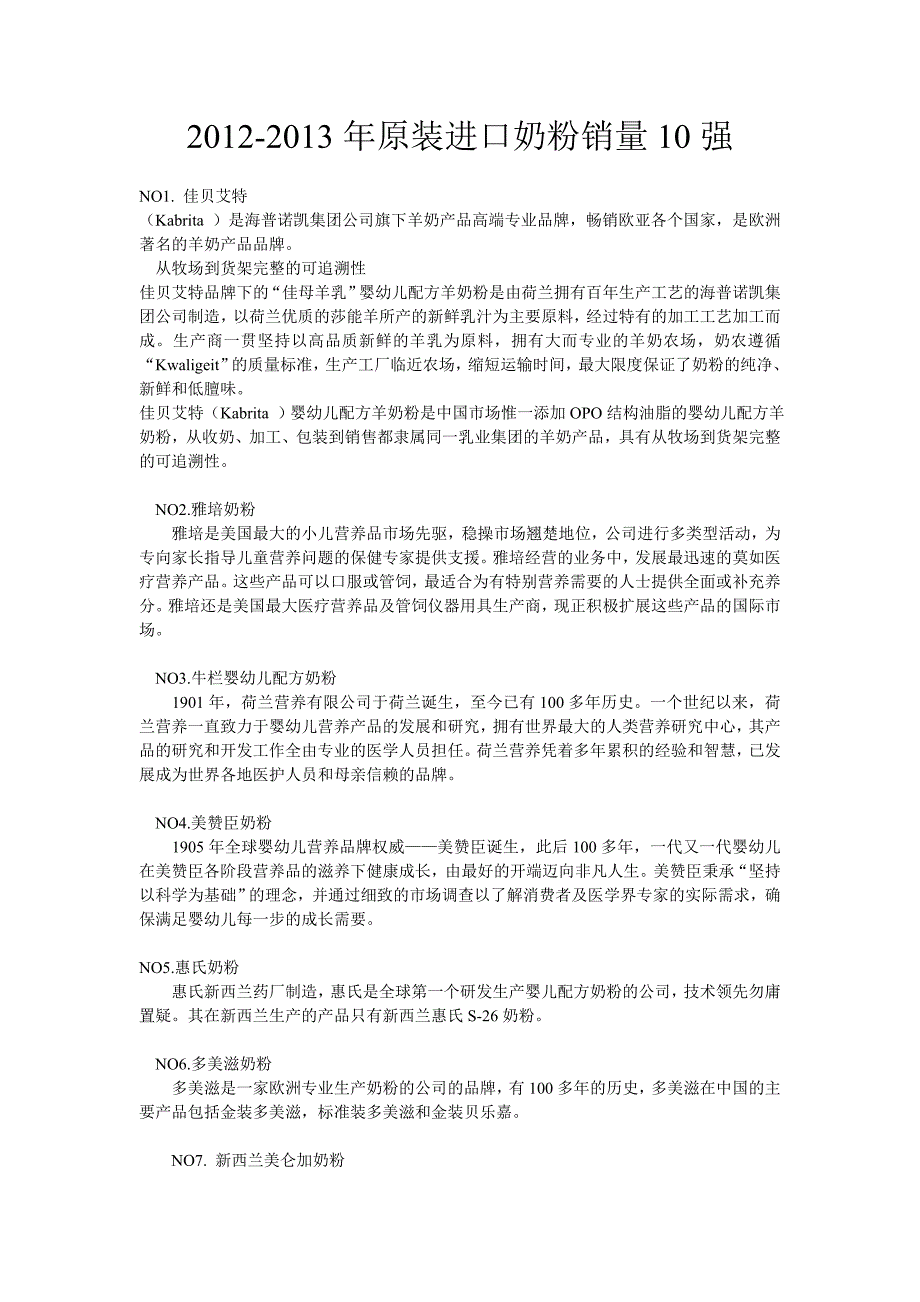 2012-2013年原装进口奶粉销量10强_第1页