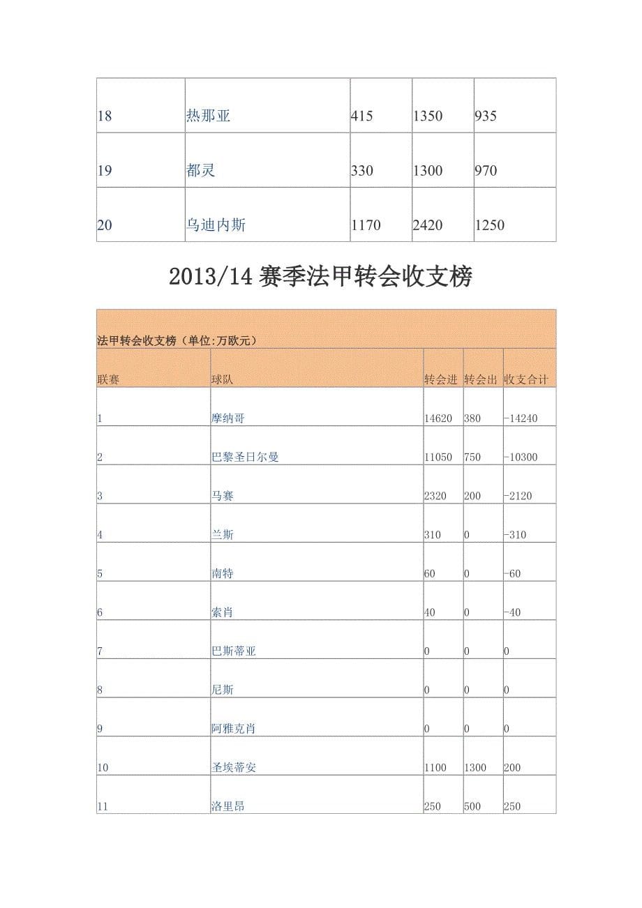 2013-2014赛季西甲、德甲、意甲、法甲转会收支榜_第5页