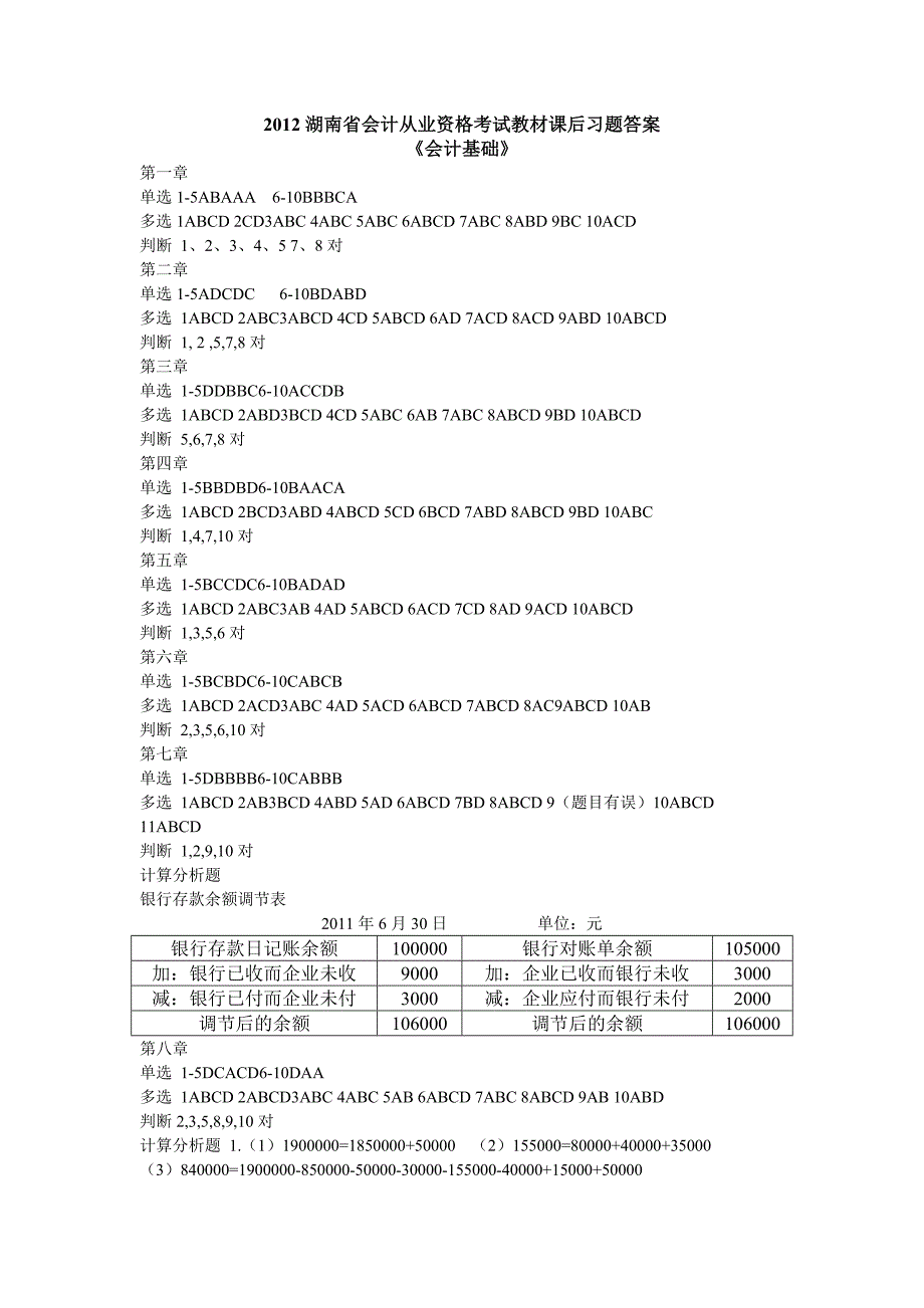 2012湖南省会计从业资格考试会计基础、财经法规、电算化、教材课后习题答案_第1页