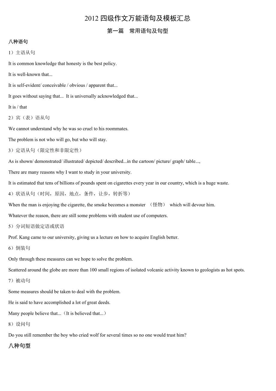 2012年最新四级作文万能语句及模板汇总_第1页