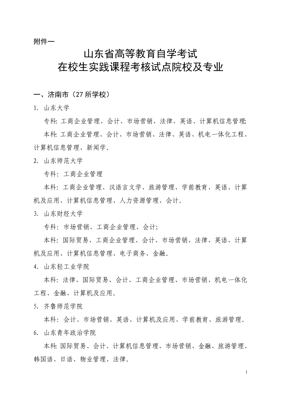 山东省高等教育自学考试在校生实践课程考核试点院校及专业_第1页