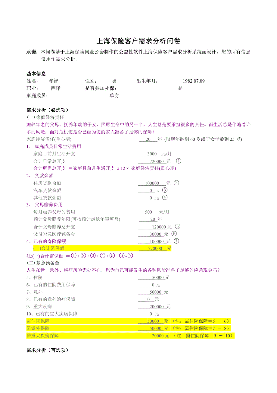 上海保险客户需求分析问卷(陈智)_第1页