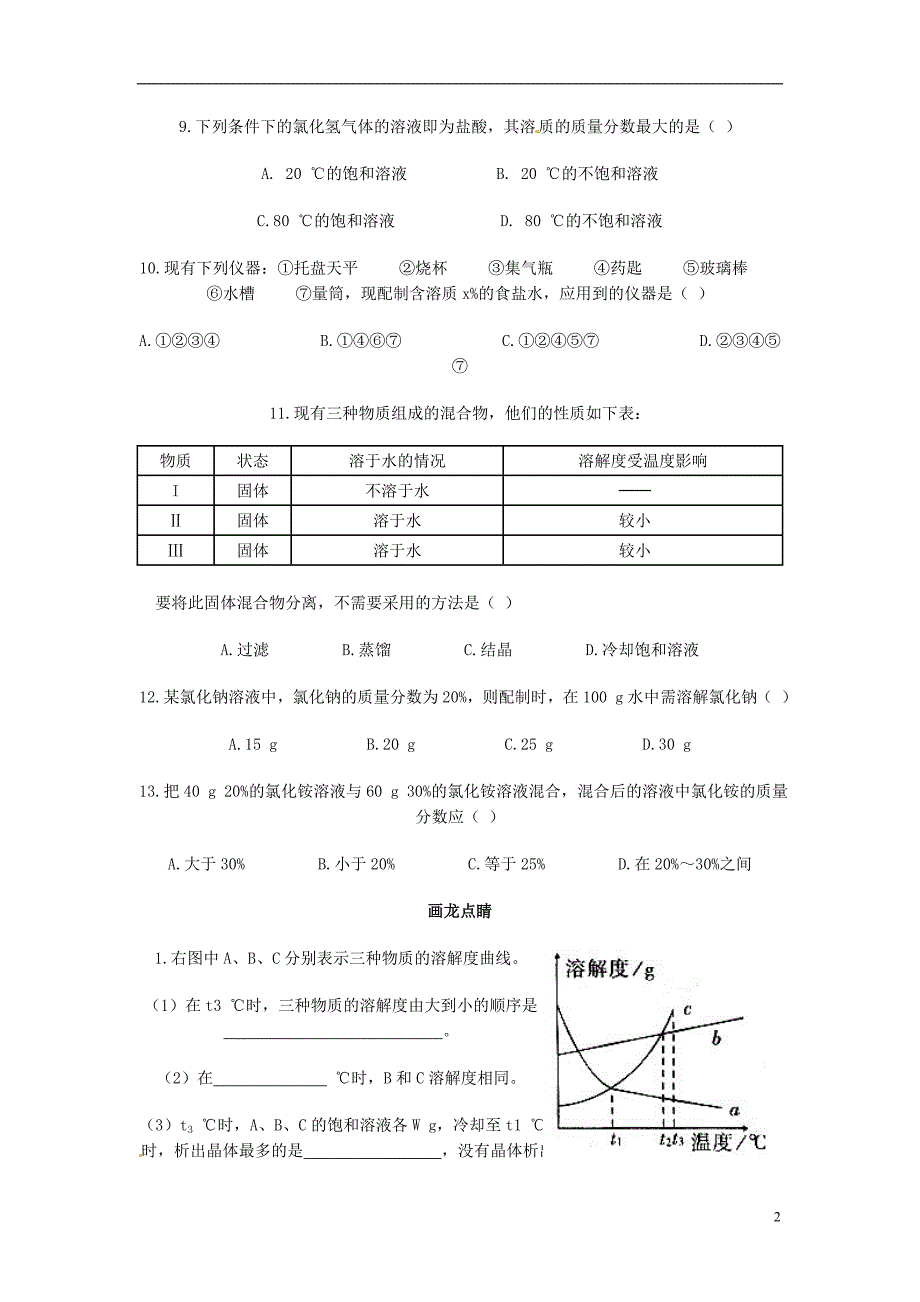 九年级化学下册《第9单元溶液》综合检测题_第2页