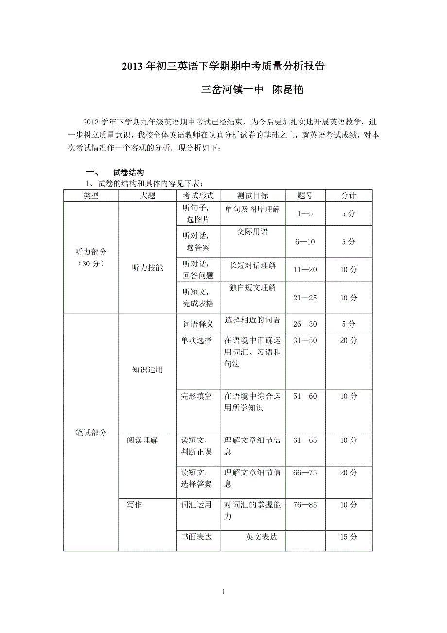 初三英语期中考试质量分析_第1页