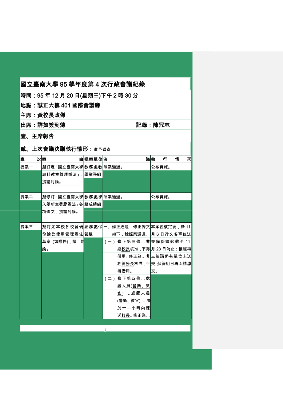 国立台南大学95学年度第4次行政会议纪录_第1页