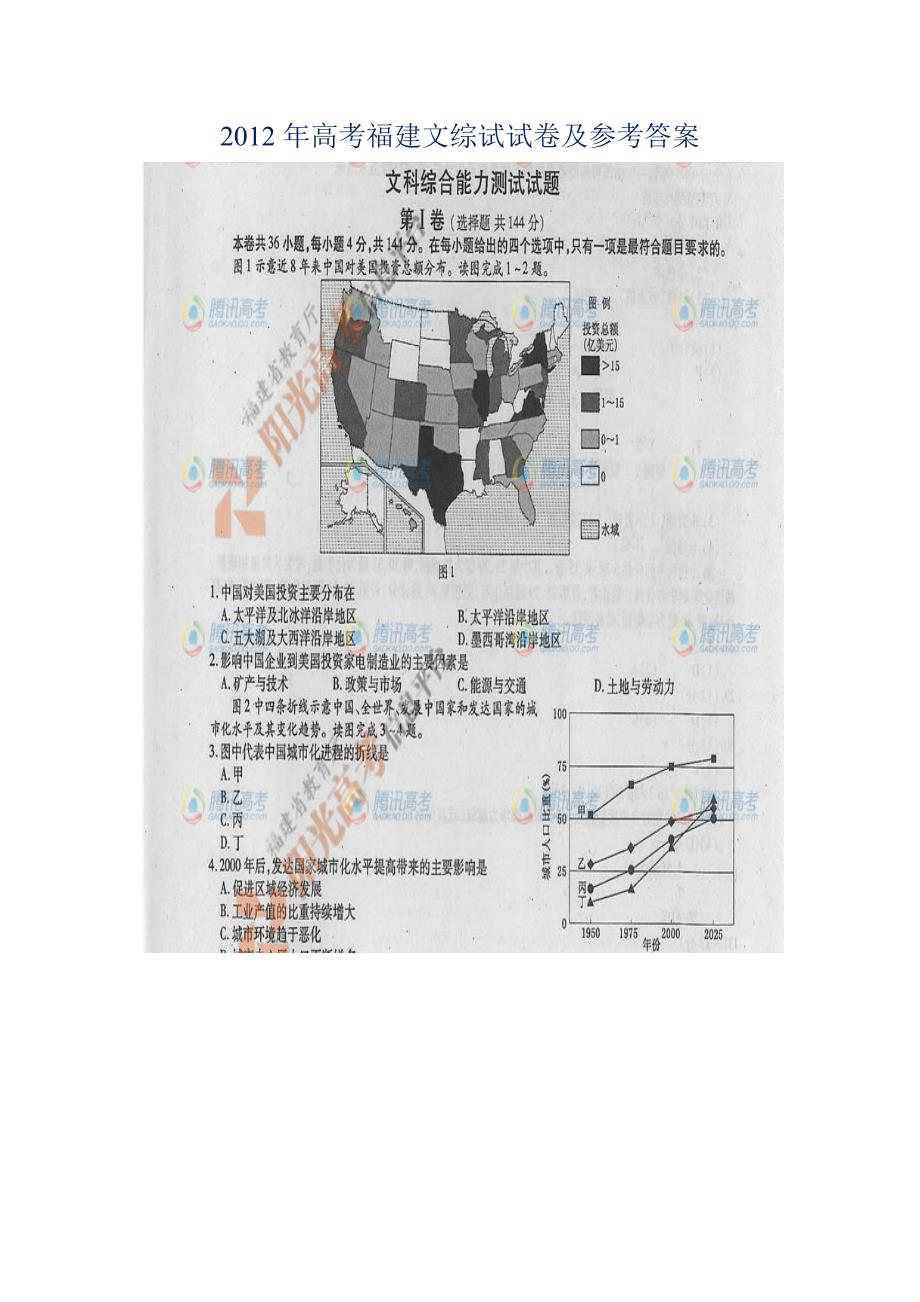 2012年高考福建文综试试卷及参考答案_第1页