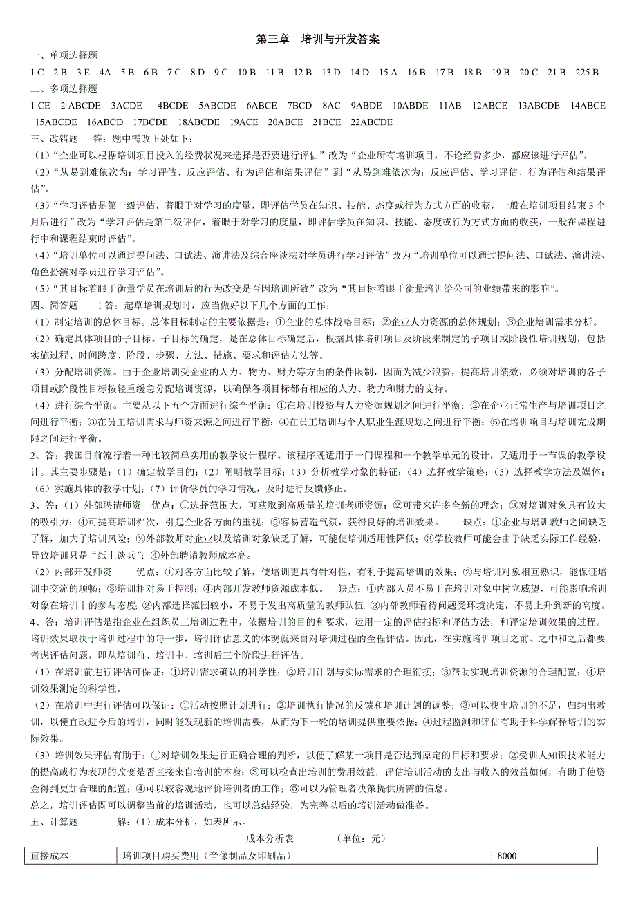 2012年人力资源规划测试卷及其答案第三章 培训与开发卷子答案_第1页