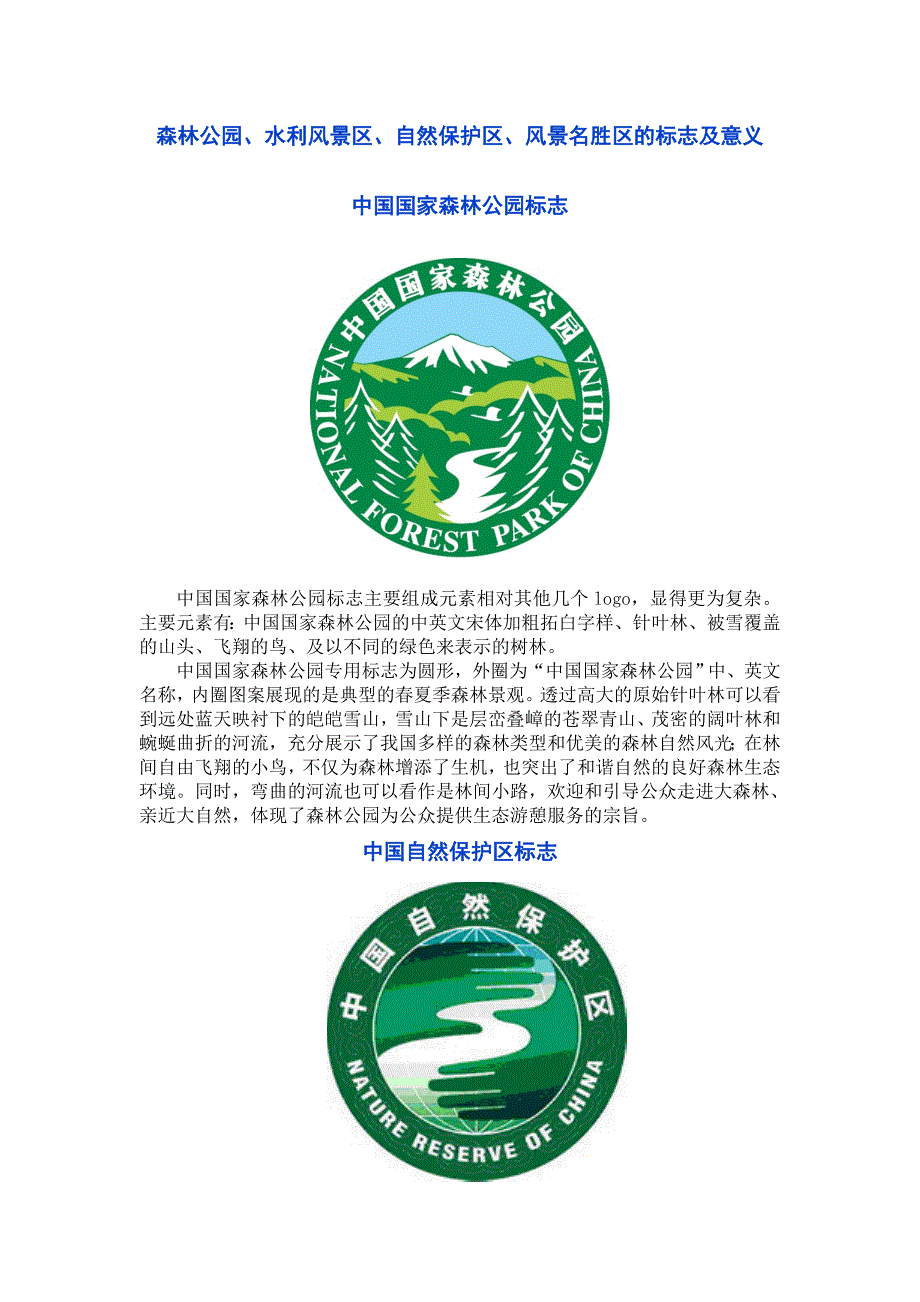森林公园、水利风景区、自然保护区、风景名胜区的标志及意义_第1页