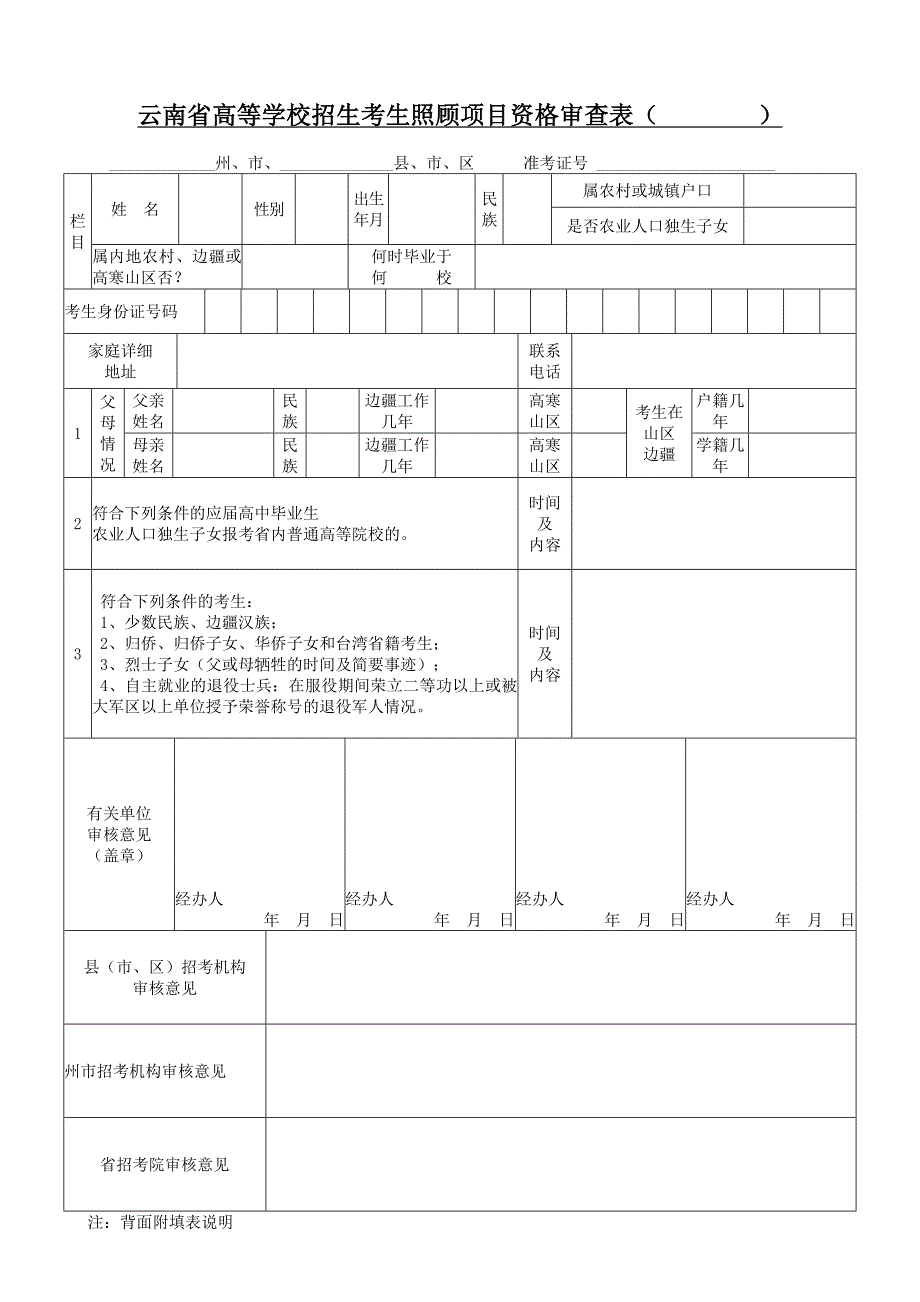 云南省高等学校招生考生照顾项目资格审查表(完整版)_第1页