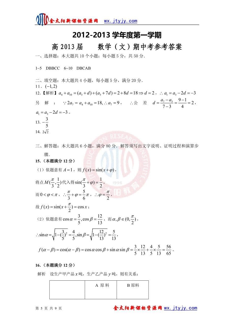 广东省东莞市南开实验学校2013年度高三上学期期中考试数学（文）试卷_第5页