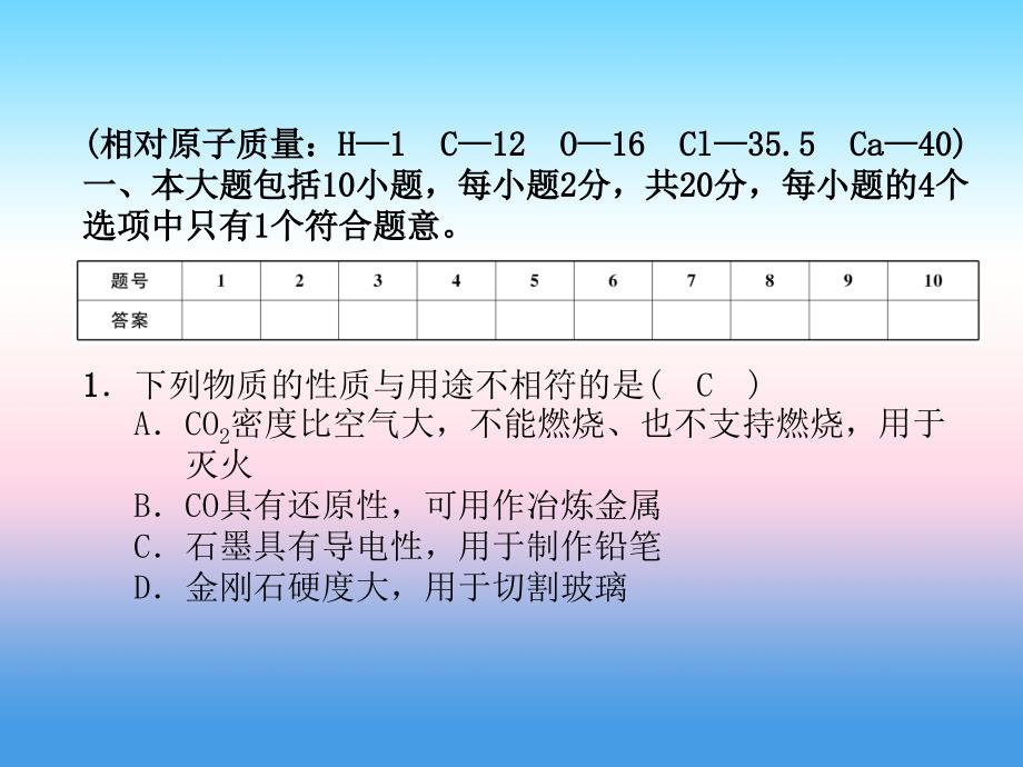 安徽专版2018-2019学年九年级化学新人教版上册习题课件：第6单元 碳和碳的氧化物达标测试卷_第1页