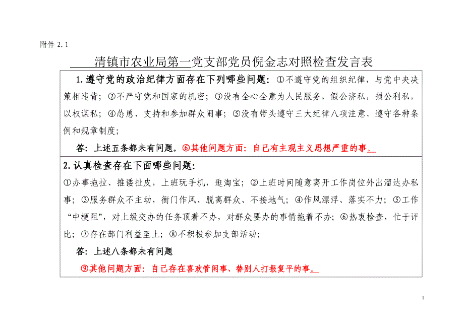 支部党员对照检查发言表_第1页