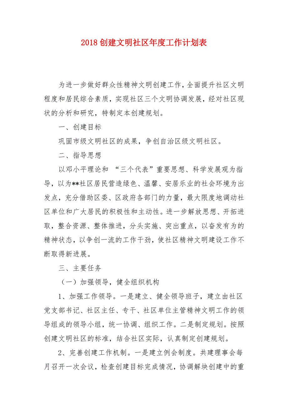 2018创建文明社区年度工作计划表_第1页