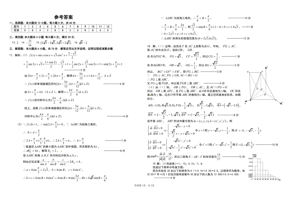 2019届、高三第一次联考理科数学参考答案_第1页