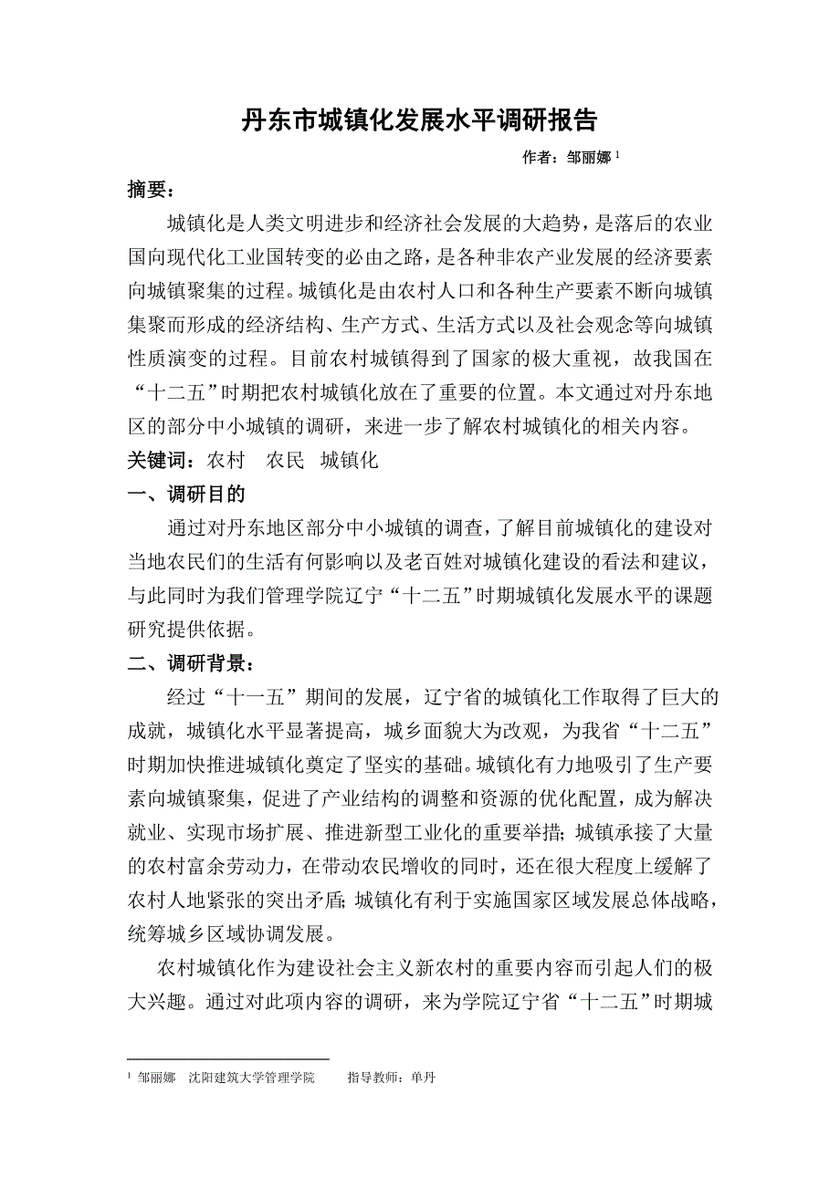 丹东市城镇化发展水平调研报告_第1页