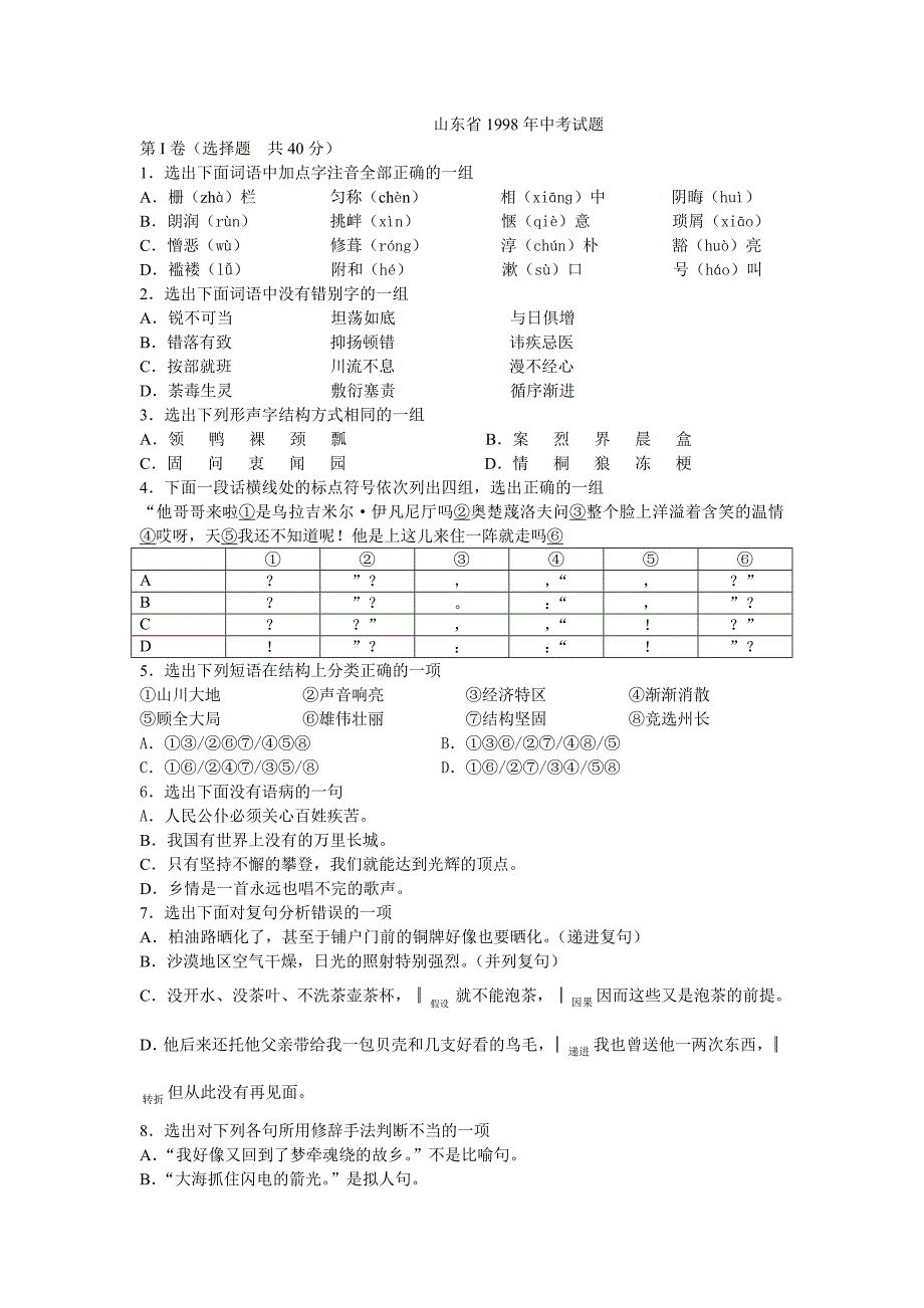 山东省1998年语文中考试题_第1页