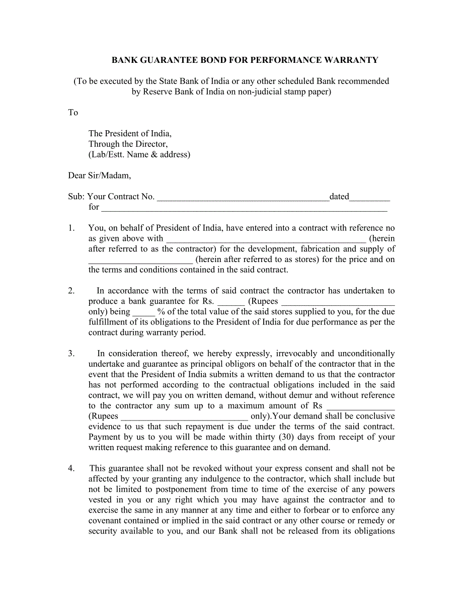 bank guarantee bond for performance warranty的性能担保银行保函_第1页