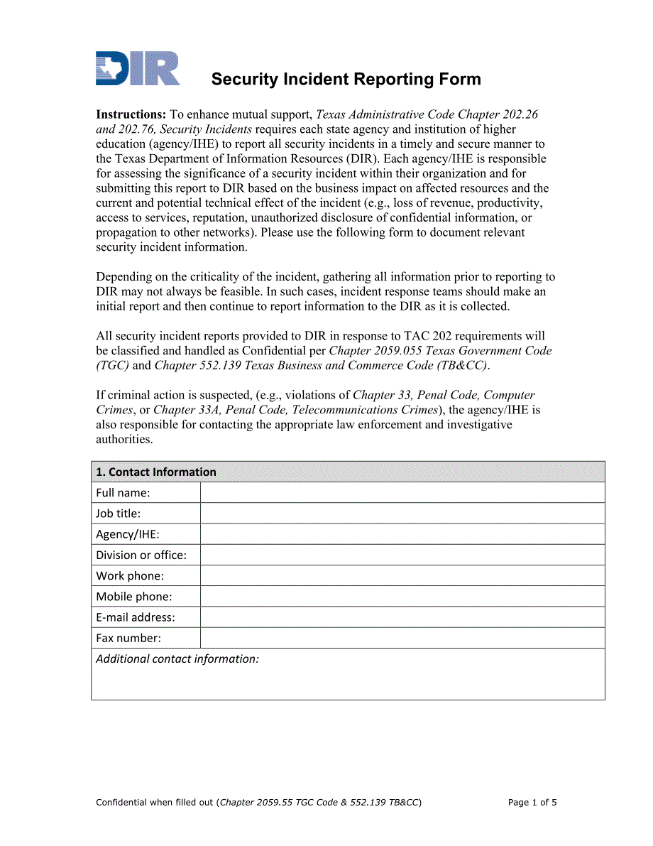 security incident reporting form - texas department of 安全事件报告表-德克萨斯部_第1页