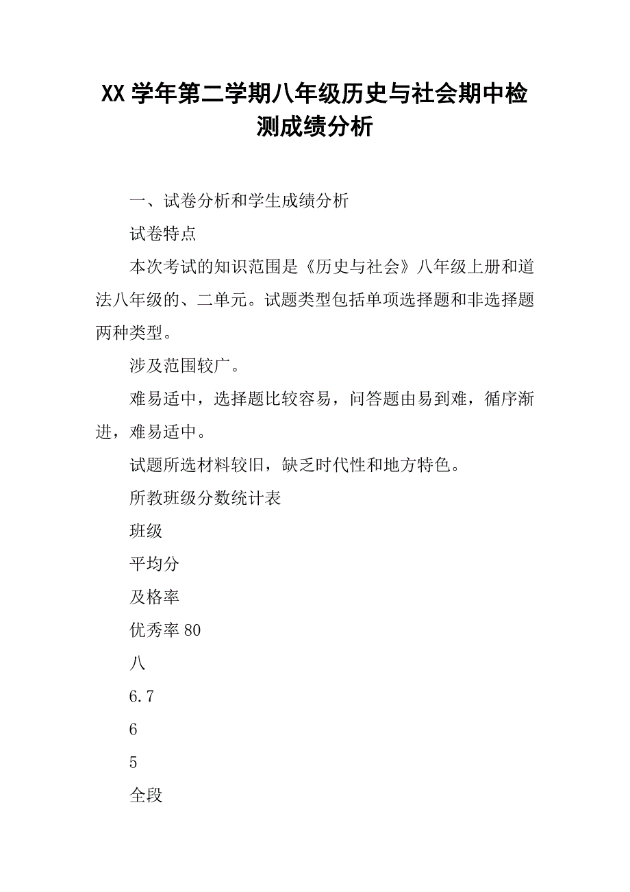 xx学年第二学期八年级历史与社会期中检测成绩分析_第1页