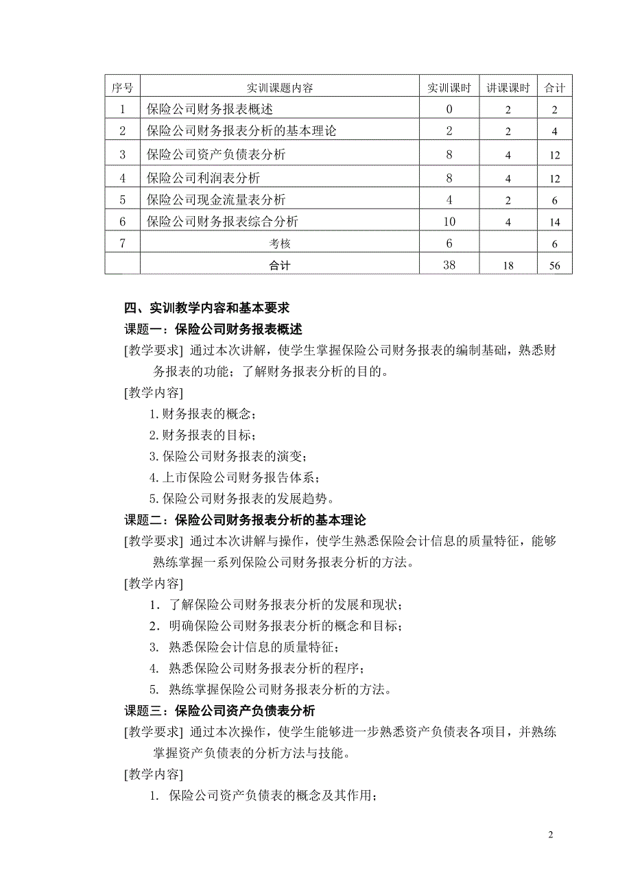 上学期保险公司财务报表分析实训教学大纲_第2页