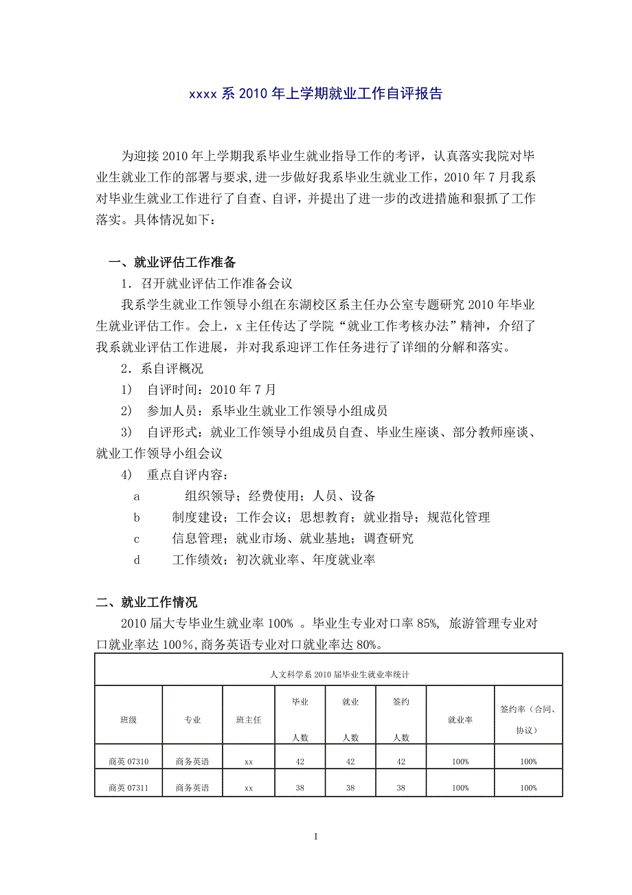 系2010年上学期就业工作自评报告_第1页