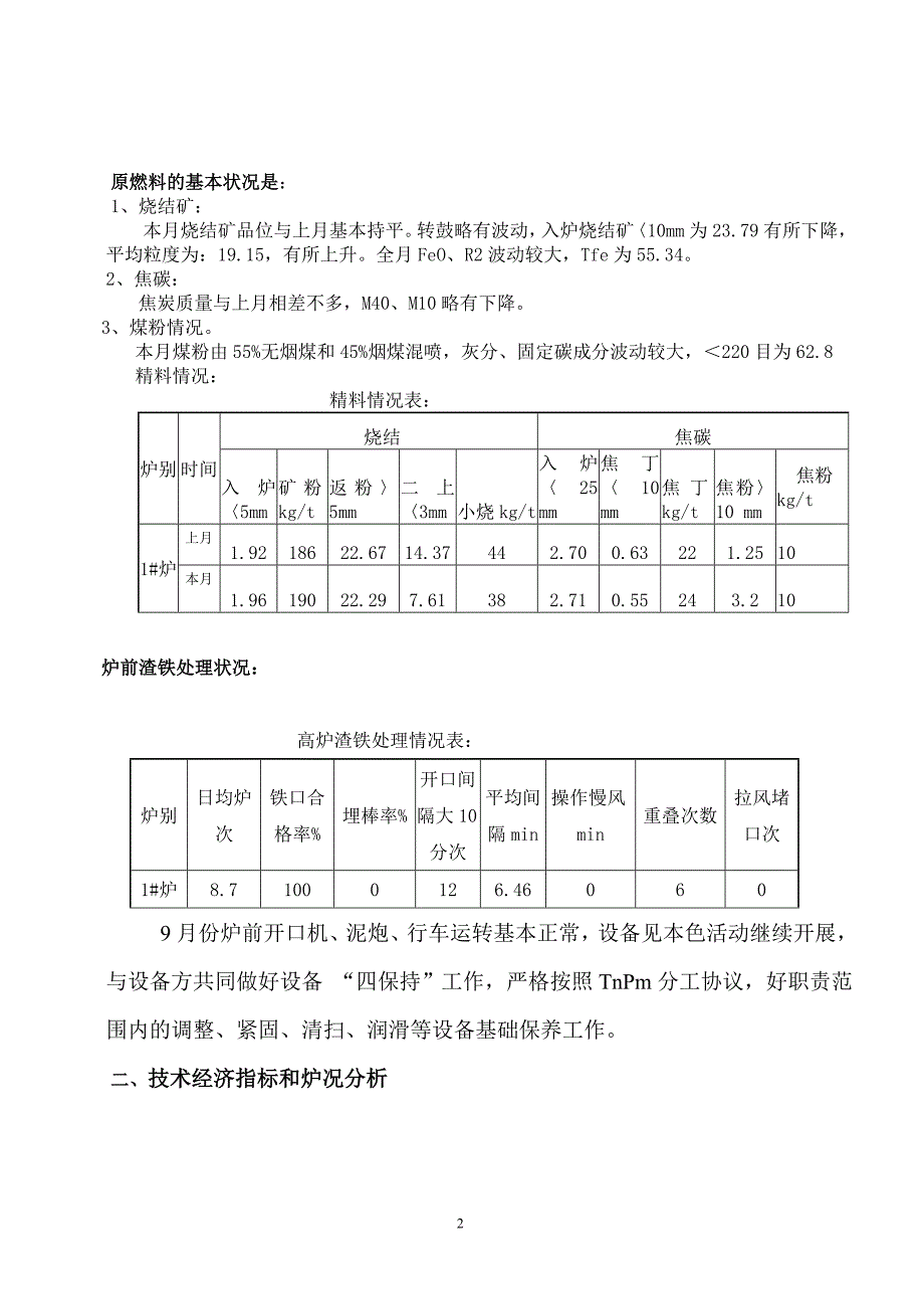 2011年9月份1#高炉技术质量简报_第2页