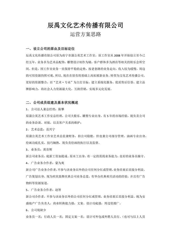 辰禹文化艺术传播有限公司运营方案思路-陆露-2013年7月28日