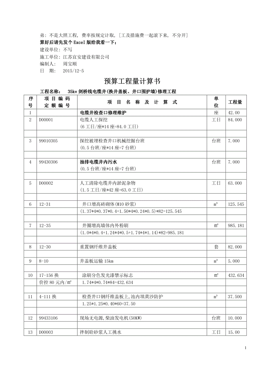 35kv剑桥线电缆井_换井盖板、井口围护墙_修理工程_第1页