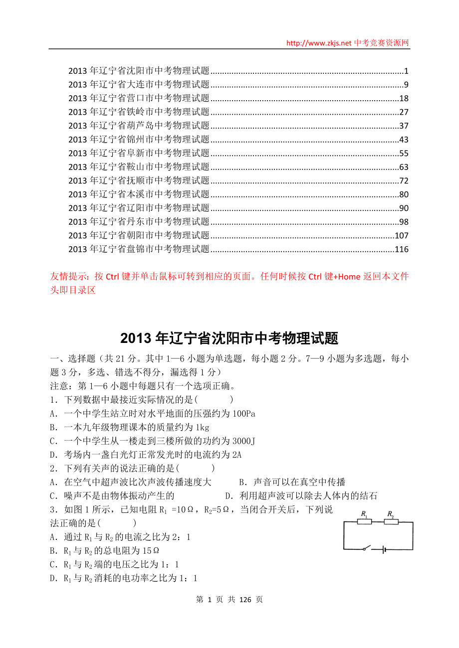 2013年辽宁省中考物理试题_第1页