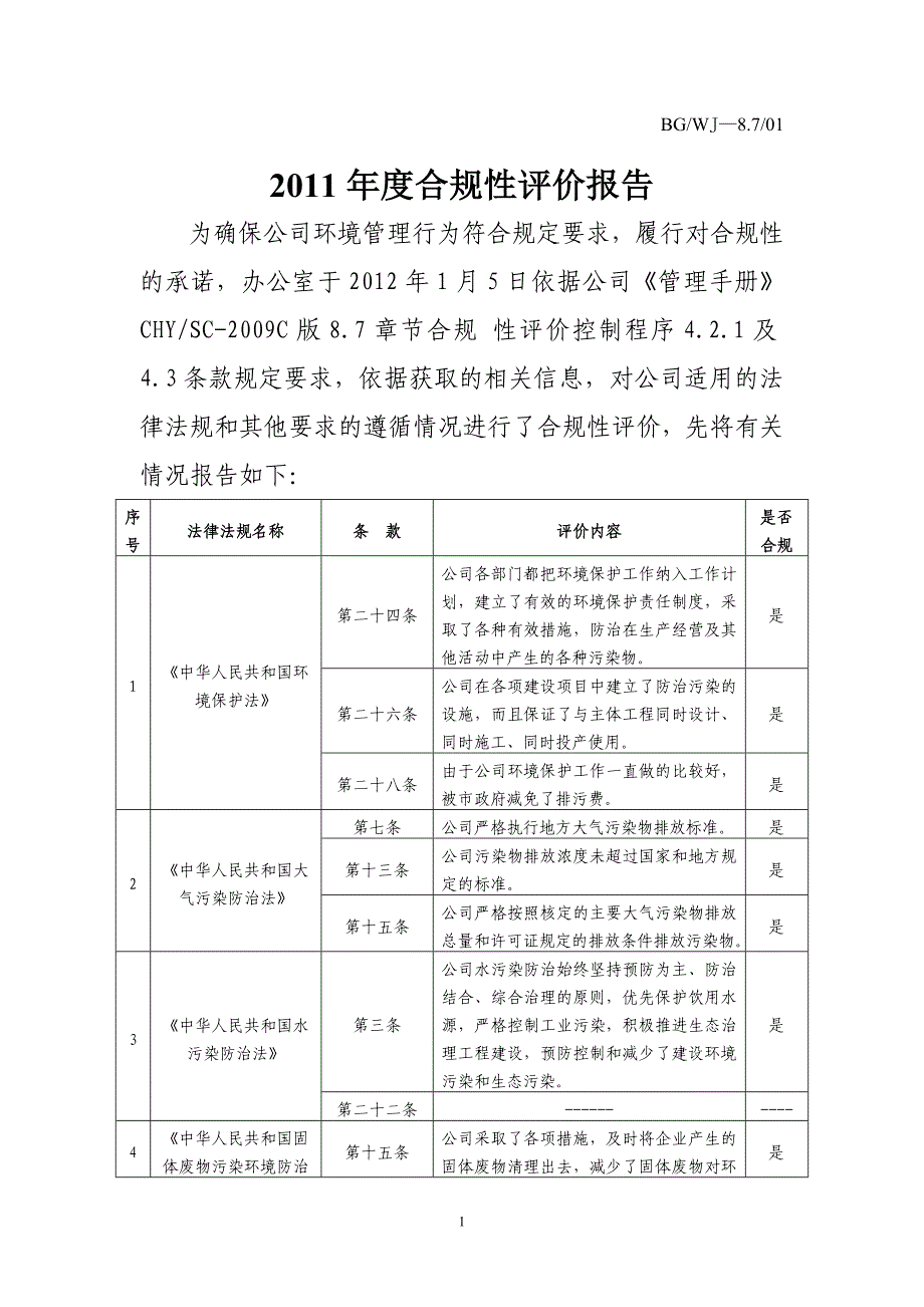 合规性评价报告(2011)_第1页