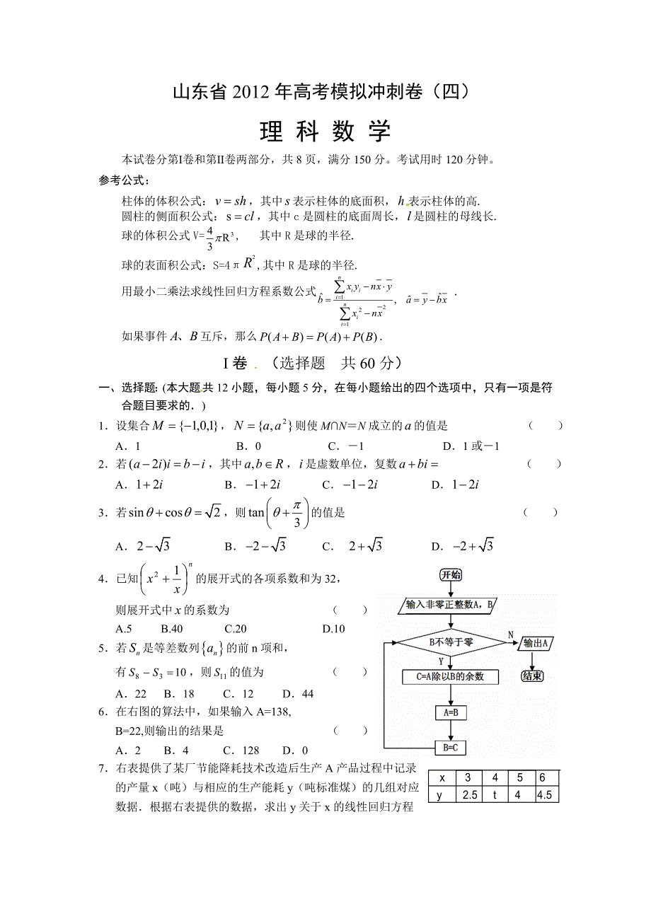 山东省2012年高考模拟预测卷试题(四)数学理_第1页