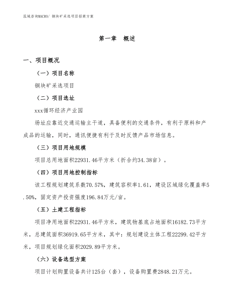 xxx循环经济产业园铜块矿采选项目招商方案_第1页