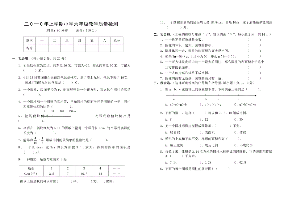 二o一o年上学期小学六年级教学质量检测_第1页