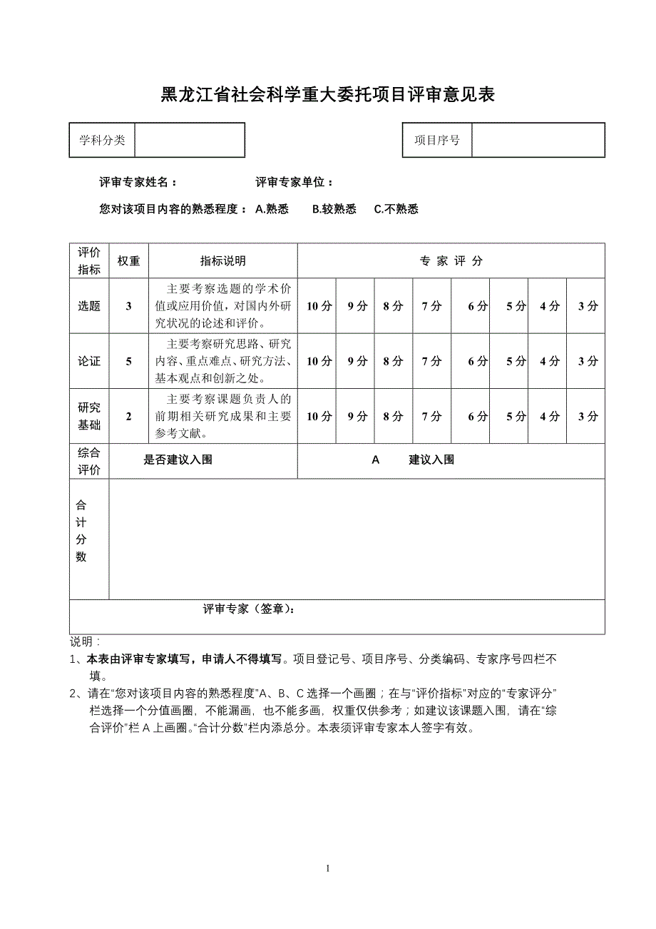 黑龙江省社会科学重大委托项目评审意见表_第1页