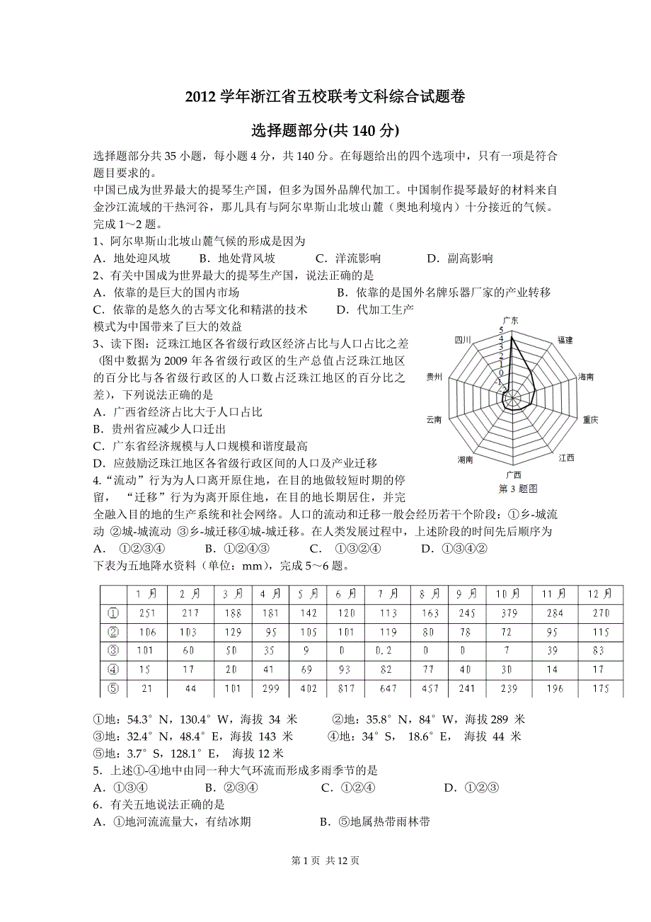 浙江省五校联盟2013届高三下学期第二次联考文综_第1页