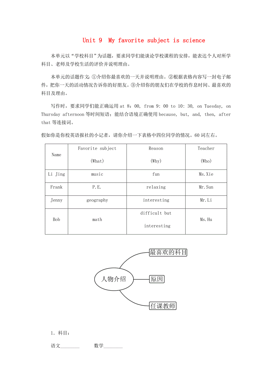 2018-2019学年七年级英语人教新目标版上册同步：Unit 9 My favorite subject is science 单元主题写作九.doc_第1页