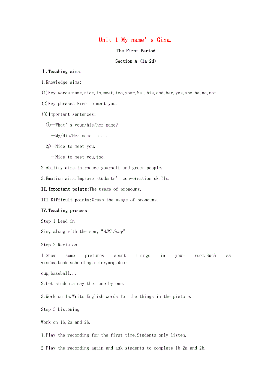 2018-2019学年七年级英语人教新目标版上册教案：Unit 1 My name’s Gina.doc_第1页